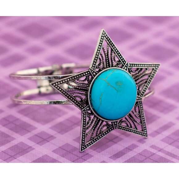 Vintage Geometric Silver Tone Star Blue Circle Hinged Bangle 7 1/2 inch - BX9 - Picture 2 of 4